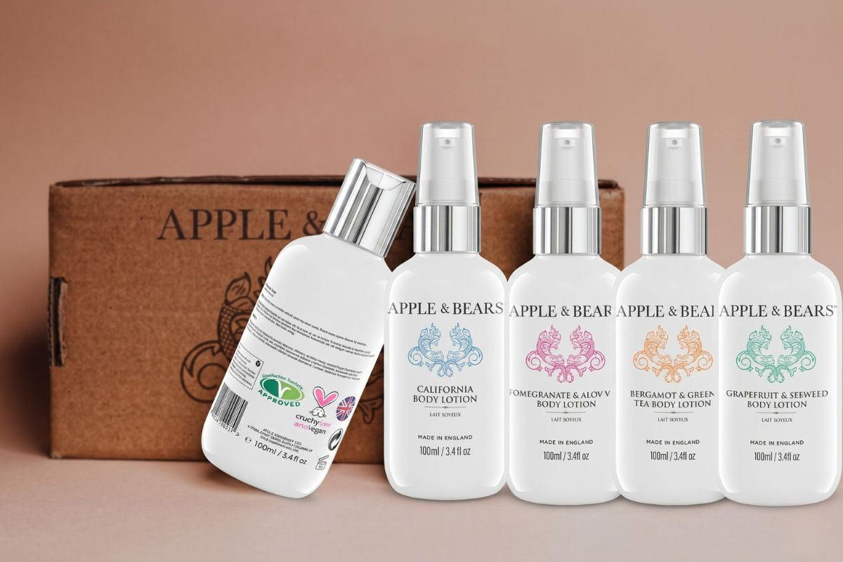 Apple & Bears travel size body lotion gift box collection — 4 x 100ml bottles including California, Pomegranate & Aloe Vera, Bergamot & Green Tea and Grapefruit & Seaweed — made in England