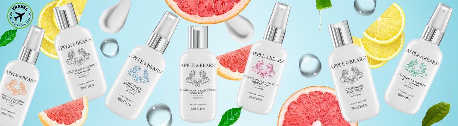 Apple & Bears luxury natural travel sets 100ml - California citrus body wash and body lotion - TSA approved carry-on - eco cotton bag - made in England
