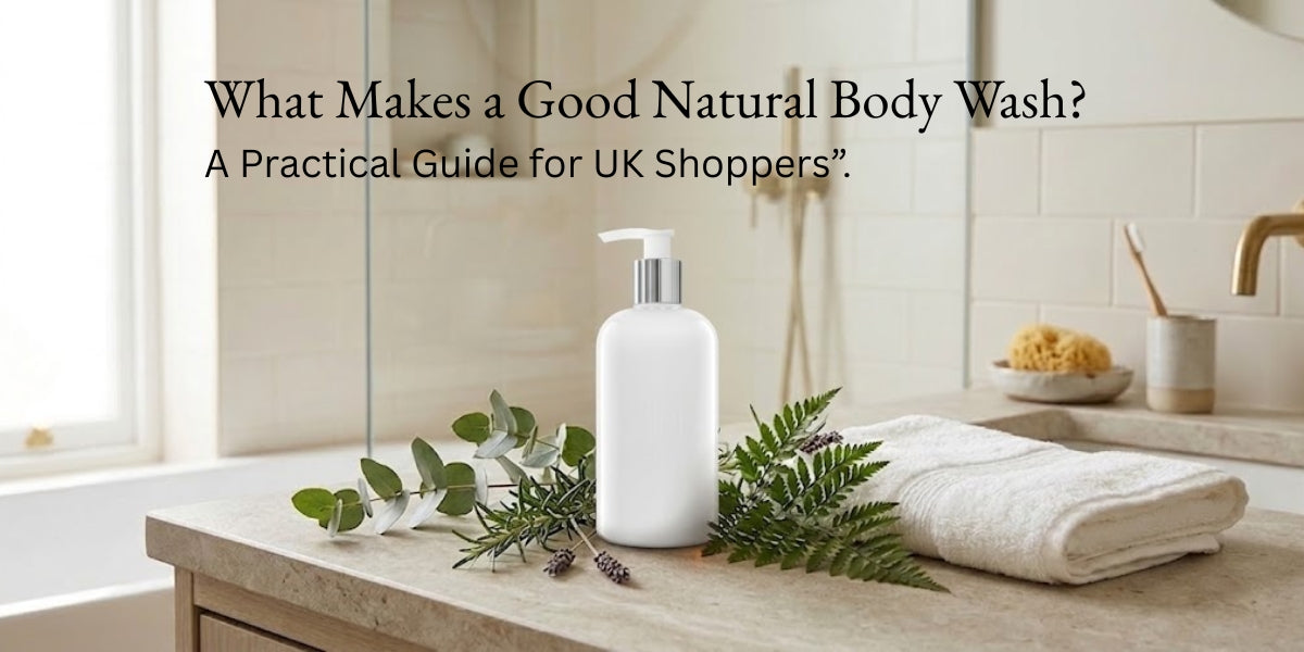 A white pump bottle of natural body wash on a stone bathroom shelf, surrounded by eucalyptus and lavender sprigs, with a folded white towel — APPLE & BEARS luxury natural body wash guide