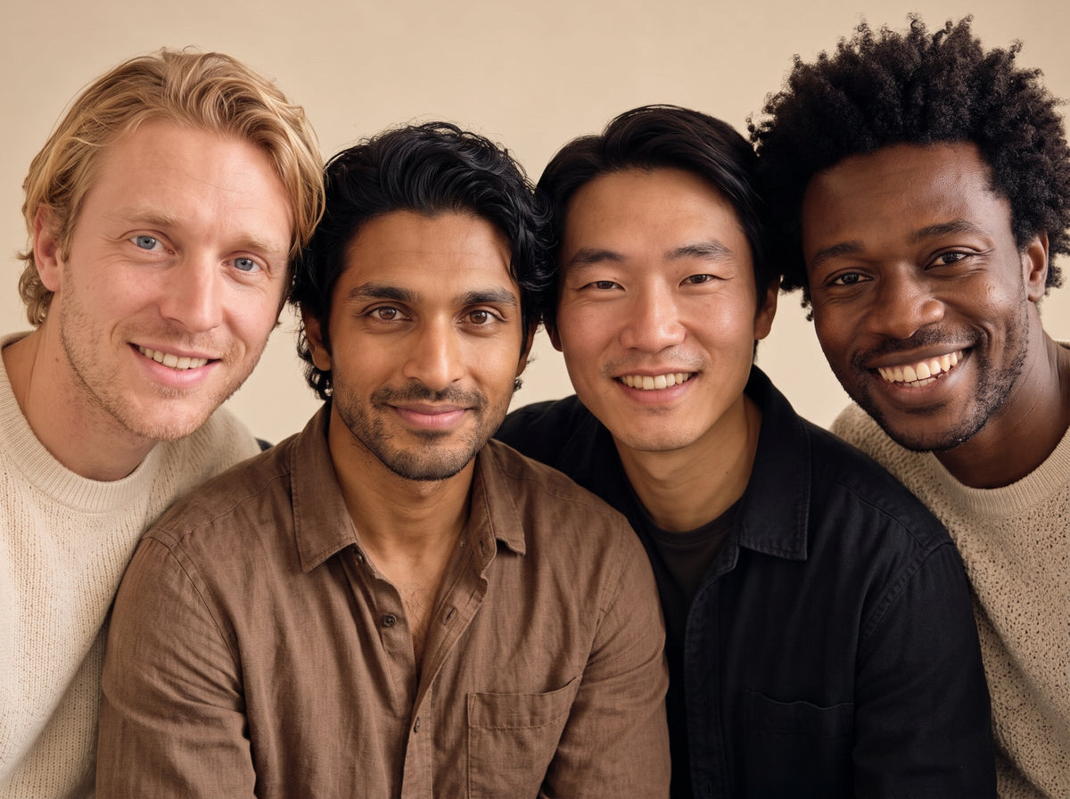 Four smiling men with distinctive natural hairstyles, celebrating human diversity and the beauty of different hair textures.