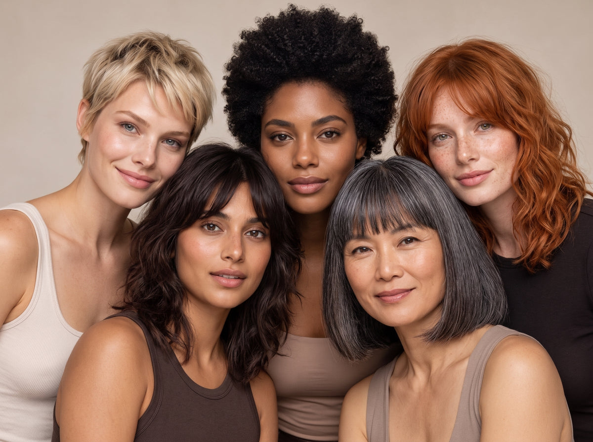 Five women with blonde, black coily, brunette, copper-red and silver-grey hair celebrating natural human hair colour diversity.