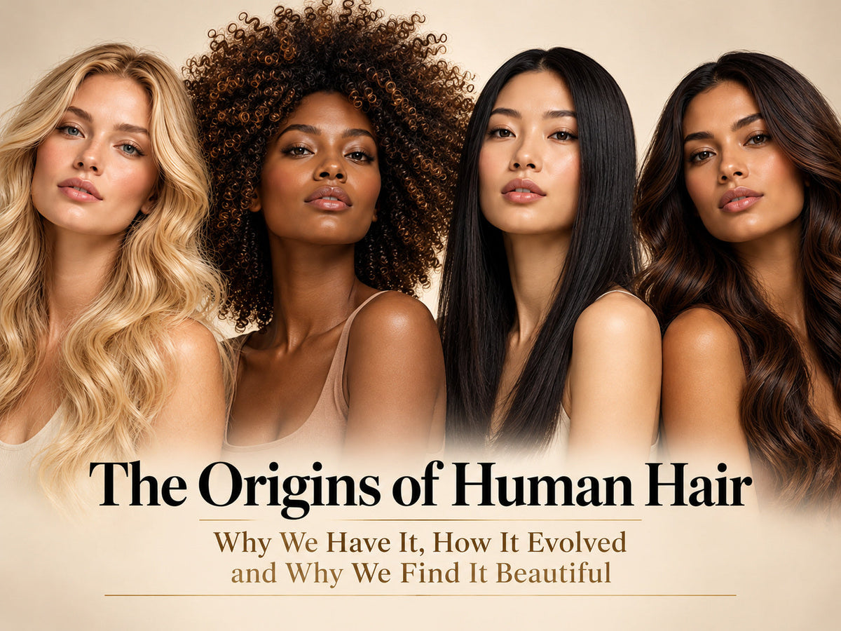 Four women with different hair colours and textures, illustrating human hair evolution, natural diversity and individuality in the APPLE & BEARS Human Hair Series.