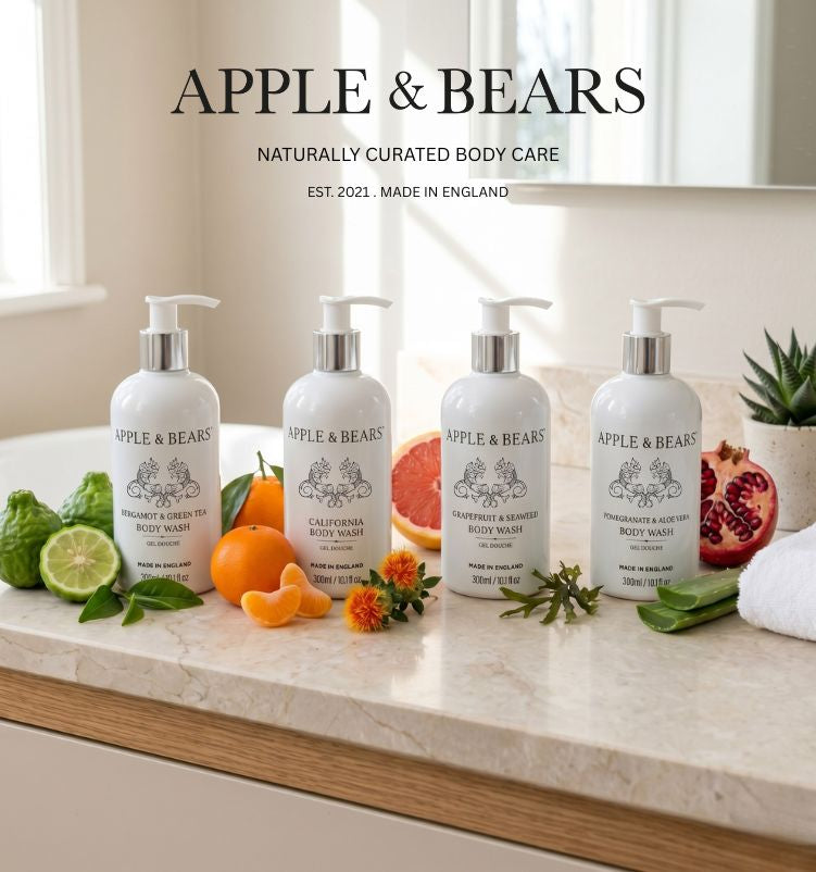 Apple & Bears luxury natural body wash range - bergamot green tea, california, grapefruit seaweed, pomegranate aloe vera - made in england