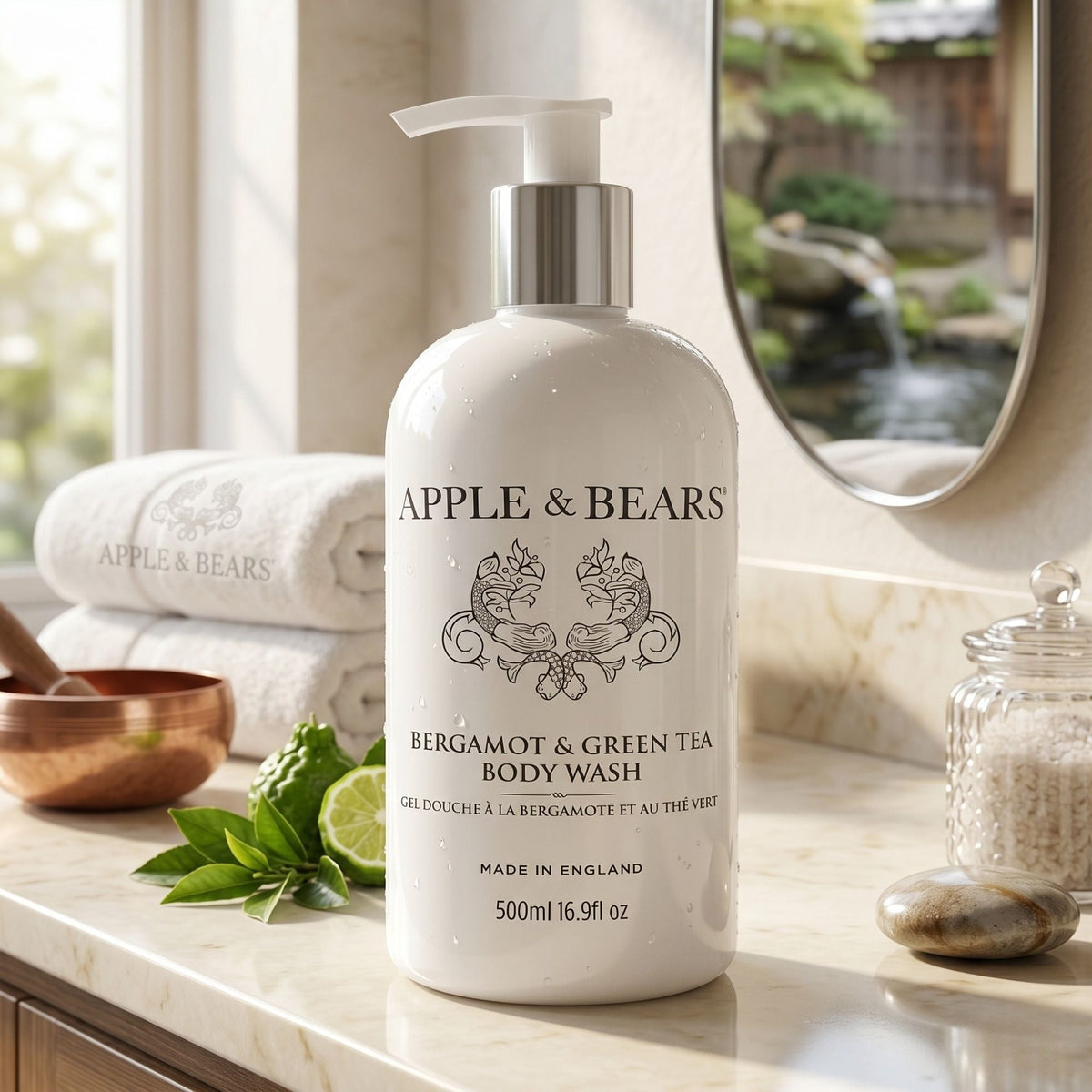 Bergamot & Green Tea body wash 500ml key benefits lifestyle shot – Apple & Bears