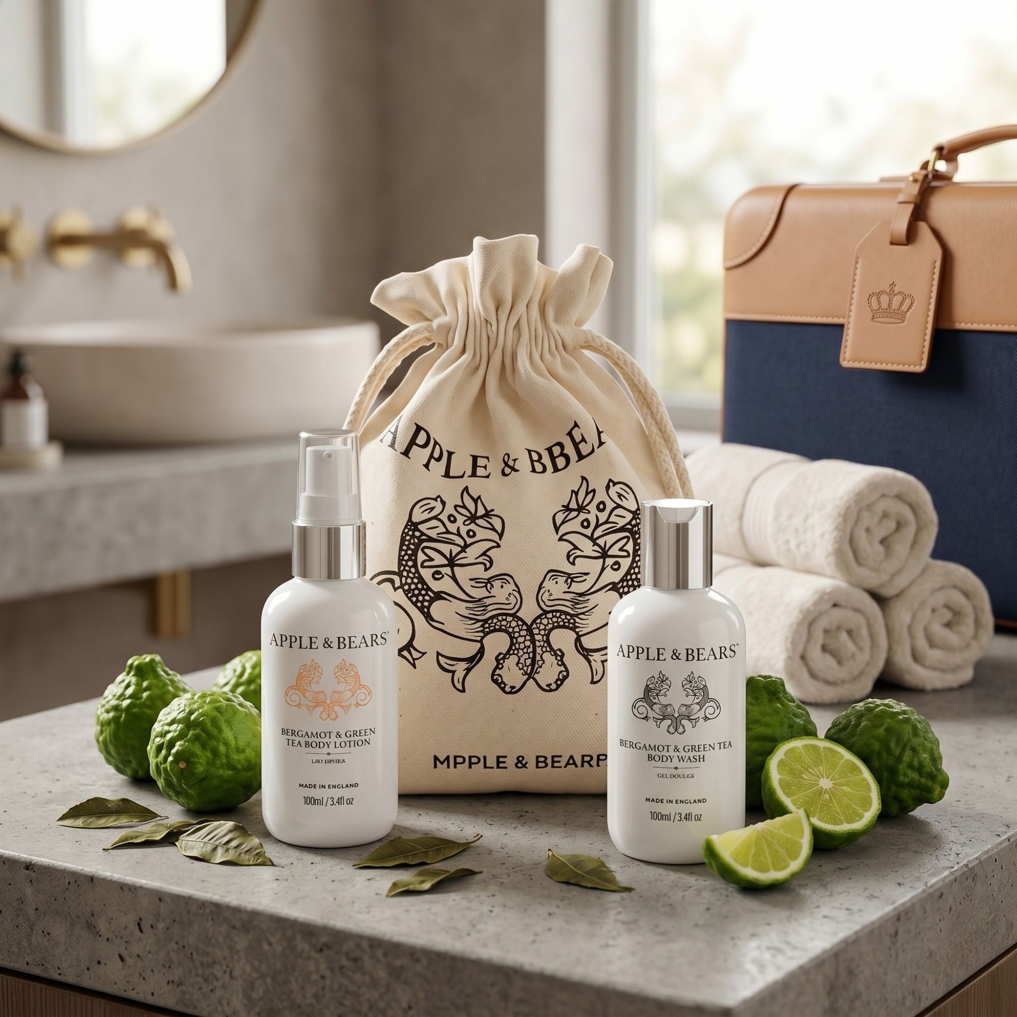 Apple & Bears Bergamot & Green Tea Travel Set on bathroom counter — luxury natural bodycare travel set, made in England