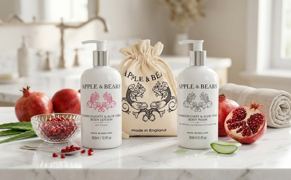 APPLE & BEARS Pomegranate & Aloe Vera Gift Set — 300ml body lotion and body wash with Eco Cotton Gift Bag, fresh pomegranates and aloe vera, made in England.