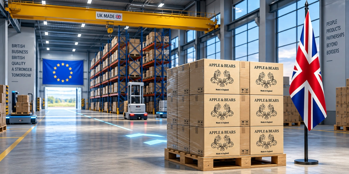 APPLE & BEARS products in a warehouse showing the UK and EU flags, representing British trade with Europe after Brexit