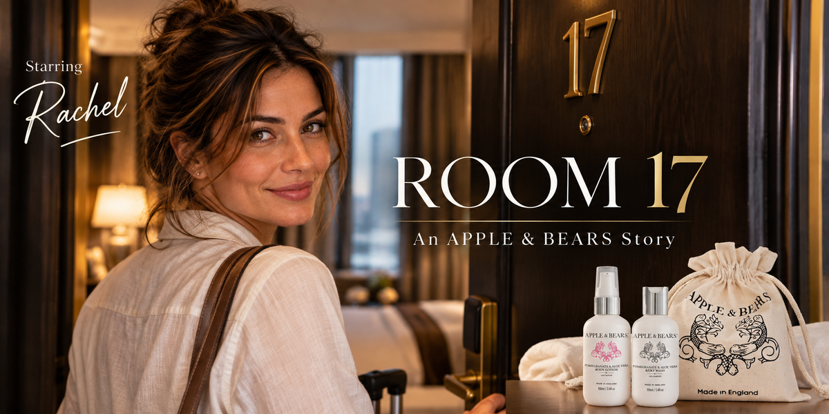 Rachel, AI Brand Ambassador for APPLE & BEARS, starring in ROOM 17 alongside the Pomegranate & Aloe Vera Travel Set.
