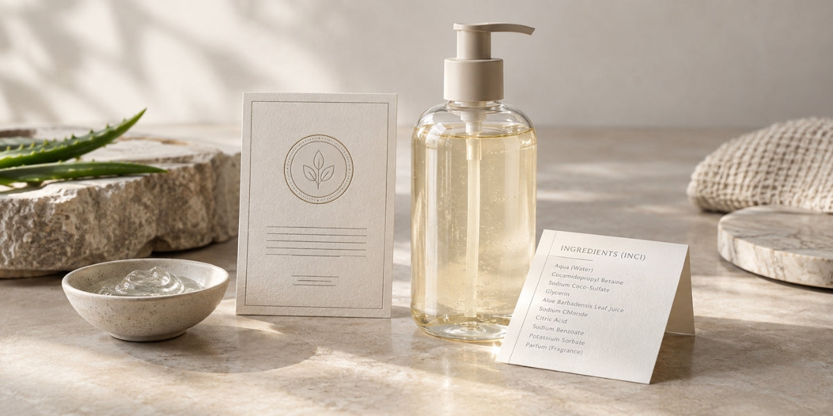 A clear pump bottle of natural body wash beside a certification seal card and an INCI ingredients list, with aloe vera and a stone bowl on a marble surface — representing cosmetic transparency and ingredient literacy
