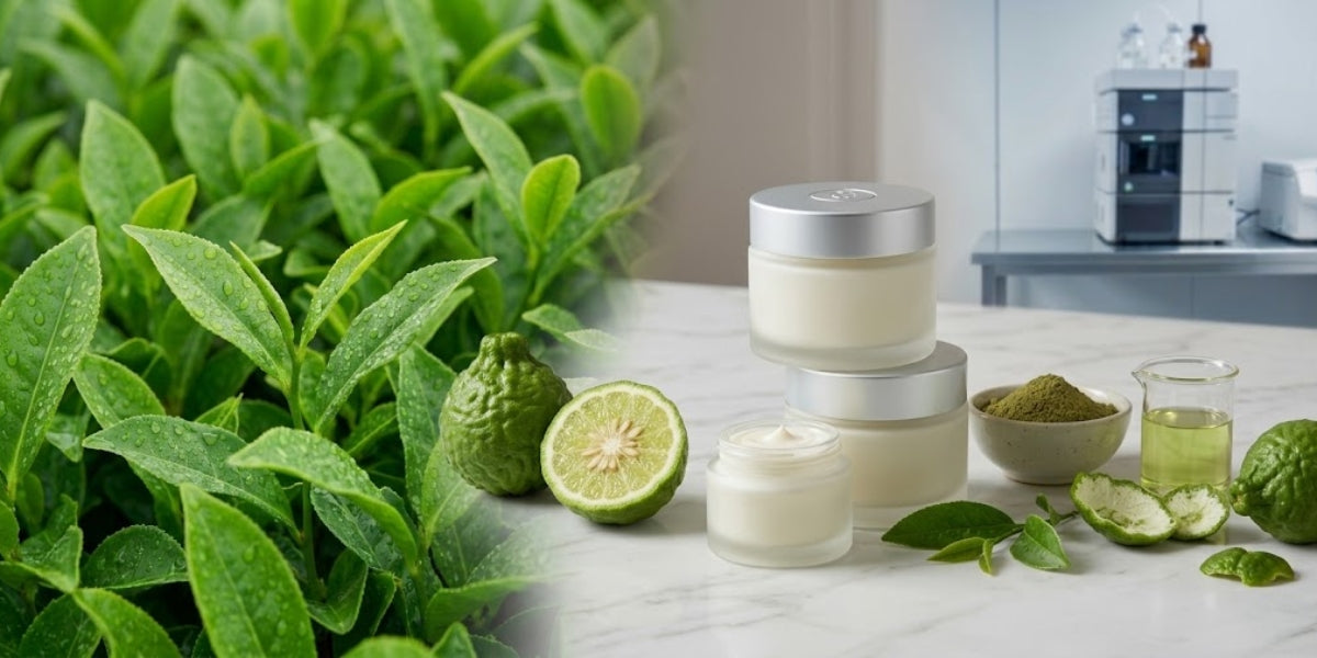 Bergamot fruit and green tea leaves alongside luxury body lotion on a marble surface — APPLE & BEARS Bergamot & Green Tea Body Lotion, made in England