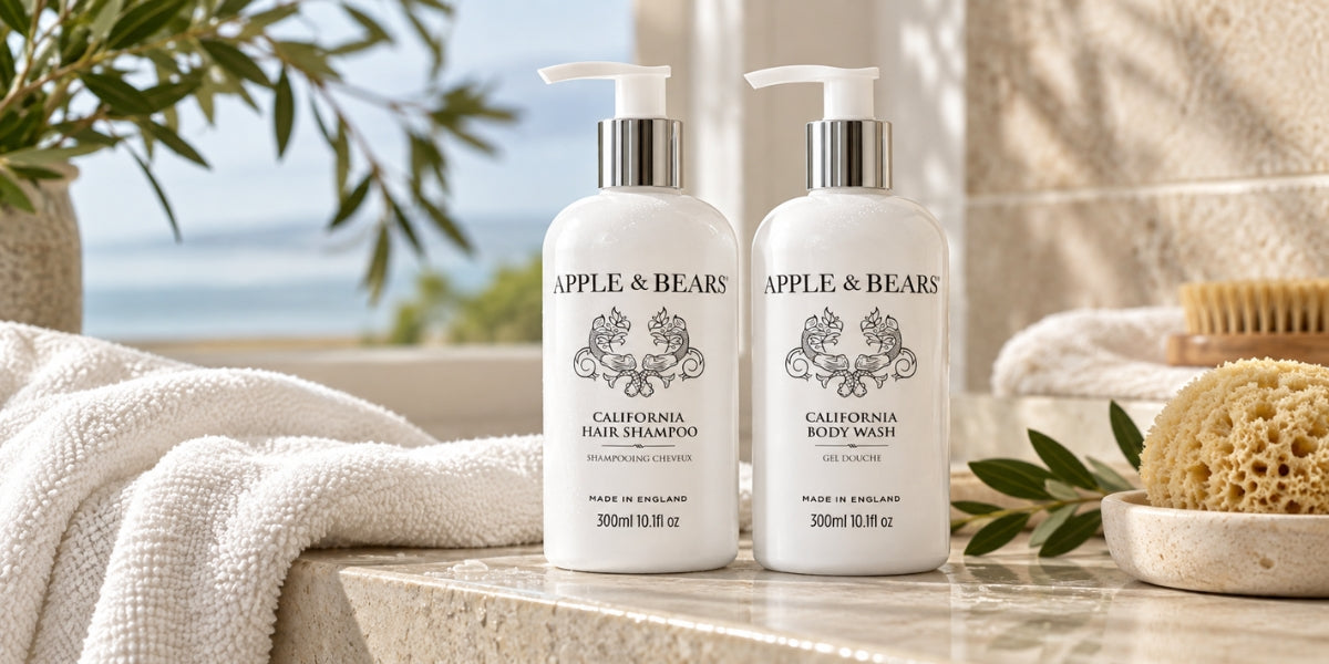 Apple & Bears California Hair Shampoo and California Body Wash 300ml bottles side by side on a marble surface