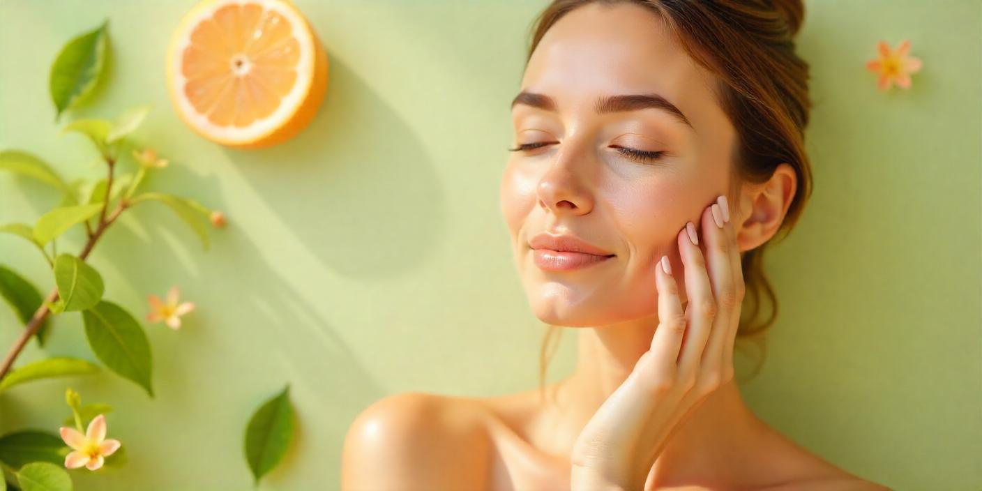 A peaceful lifestyle portrait of a woman with her eyes closed relaxing serenely next to a fresh slice of orange to symbolize refreshing, aromatherapy skincare ingredients.
