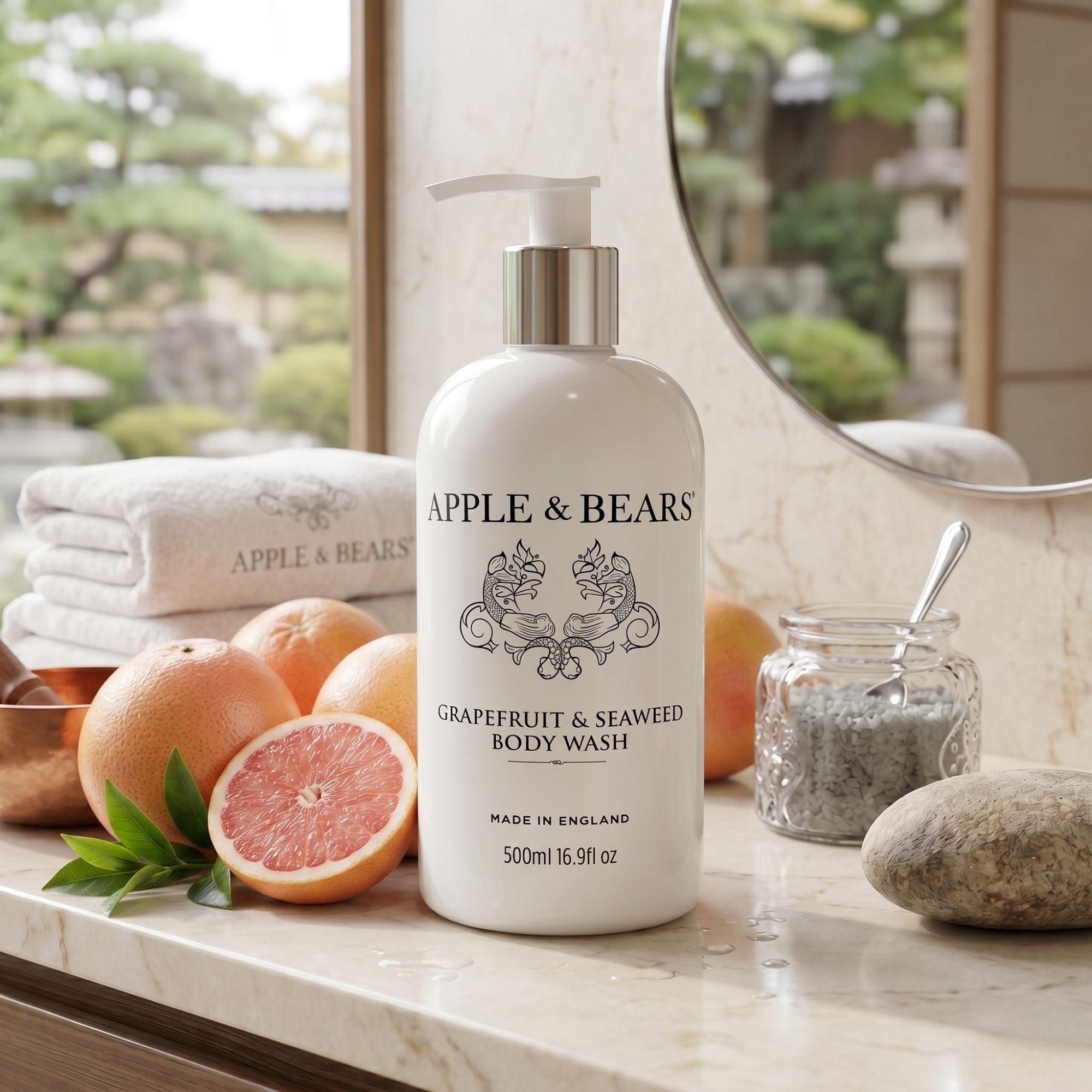Grapefruit & Seaweed body wash 500ml lifestyle shot marble counter with grapefruit – Apple & Bears