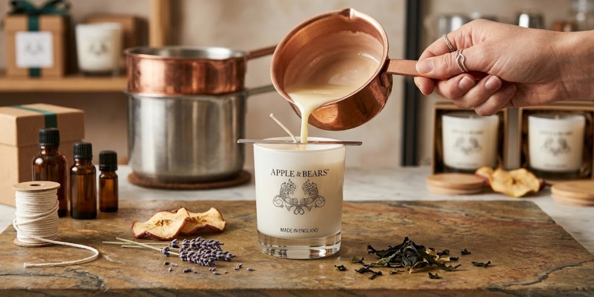 Hand pouring soy wax from a copper jug into an APPLE & BEARS branded candle glass, surrounded by lavender, dried apple slices, fragrance oils and candle-making materials, Made in England