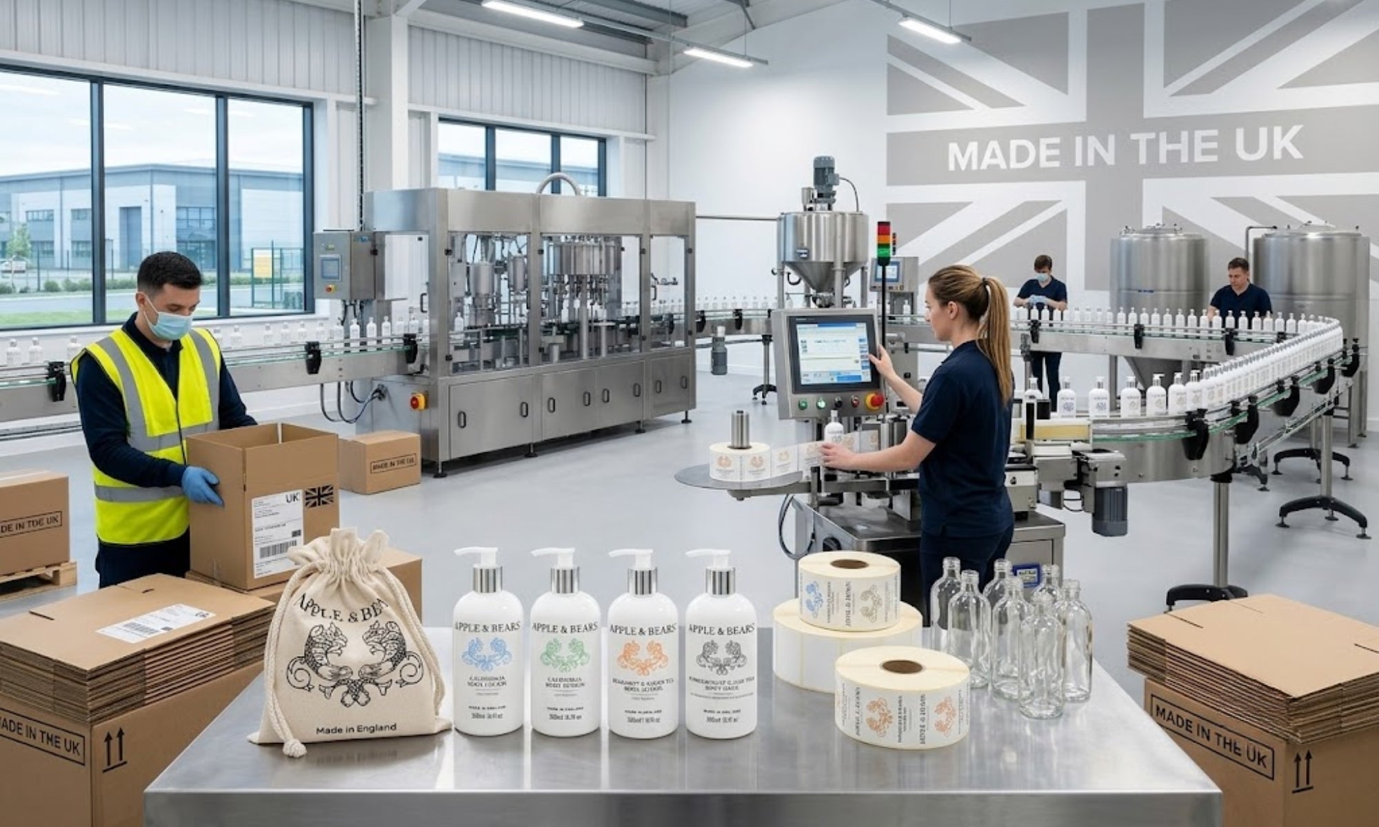 APPLE & BEARS body care products, labels and eco bags inside a modern UK manufacturing facility with a production line and Made in the UK branding on the wall