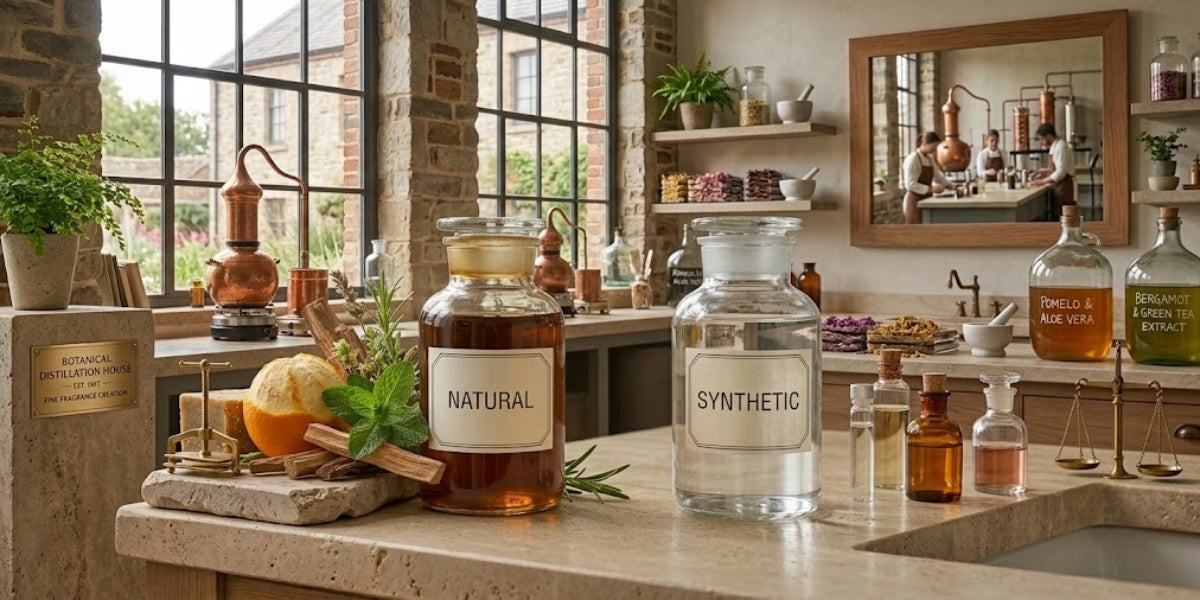 Natural and synthetic fragrance jars side by side in a botanical distillation house, with copper stills, fresh herbs and aromatic ingredients illustrating the difference between natural and synthetic fragrance