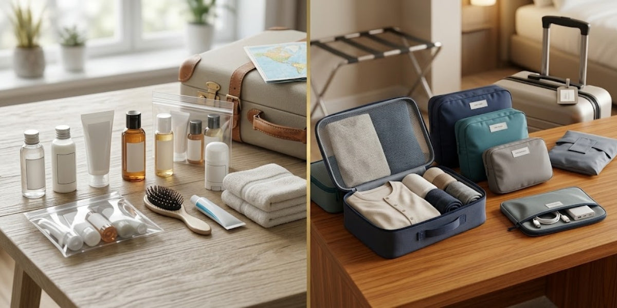 Travel set flat lay showing compact toiletry bottles and a clear wash bag alongside a packed suitcase and travel organisers, representing portable personal care for holidays and trips