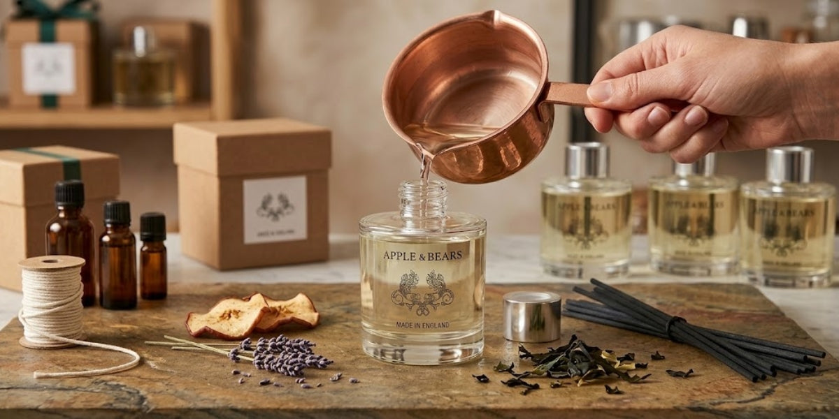 Hand pouring fragrance liquid from a copper jug into an APPLE & BEARS reed diffuser glass bottle, surrounded by lavender, dried botanicals, reeds and fragrance oils on a stone surface, Made in England