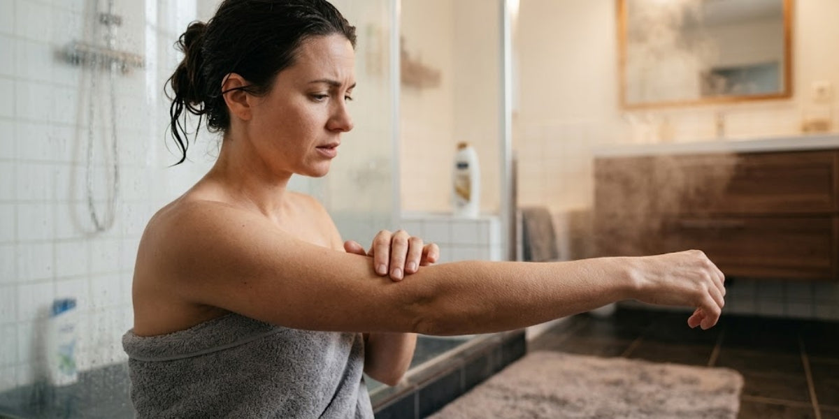 Woman wrapped in a towel after a shower, looking at her arm with concern about dry or tight skin