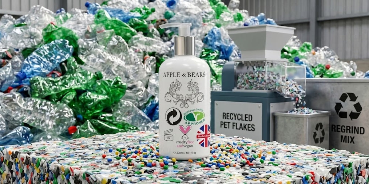 APPLE & BEARS PET body wash bottle with recyclable packaging at a PET recycling facility