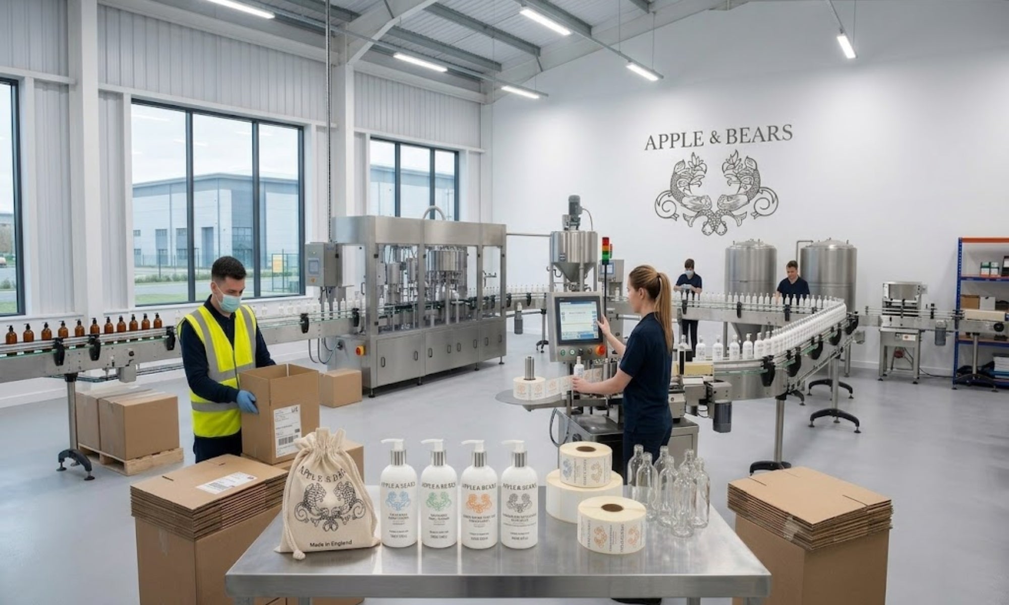 APPLE & BEARS body care products, eco bag and label rolls on a production table inside a clean UK manufacturing facility with the APPLE & BEARS logo on the wall