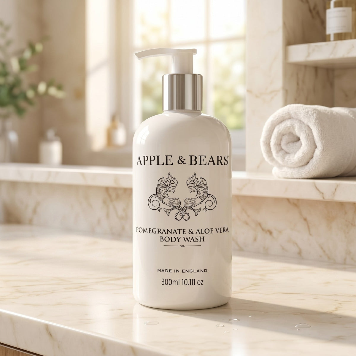 Apple & Bears Pomegranate & Aloe Vera Body Wash 300ml on a marble bathroom countertop — natural sulphate-free body wash made in England