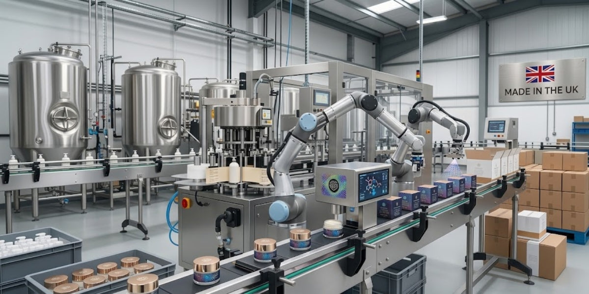 AI-assisted skincare manufacturing line with robotic arms and stainless steel mixing tanks at an APPLE & BEARS Made in the UK production facility