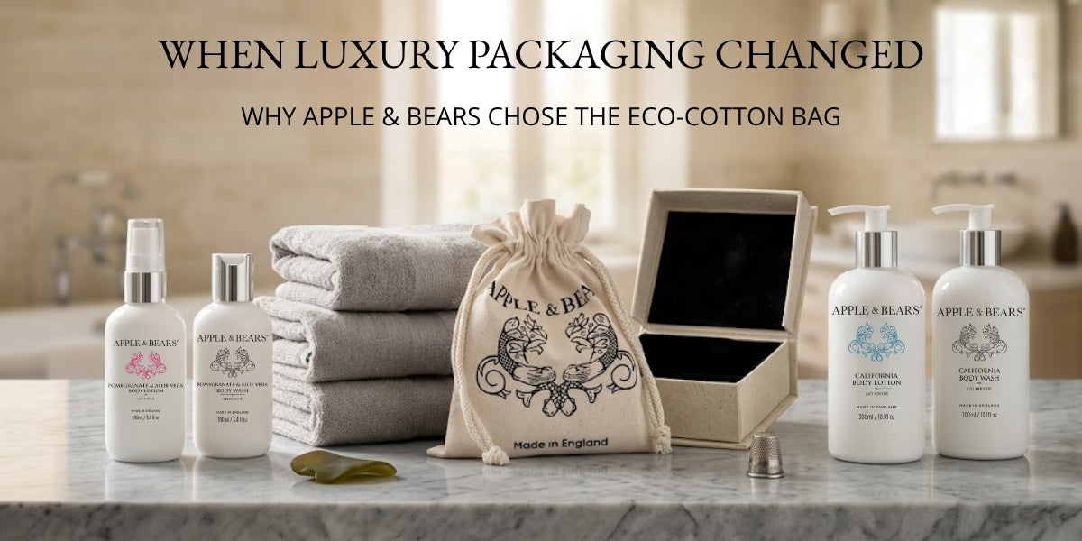 When Luxury Packaging Changed — Why APPLE & BEARS Chose the Eco-Cotton Bag, featuring APPLE & BEARS body care products and reusable eco-cotton drawstring bag made in England