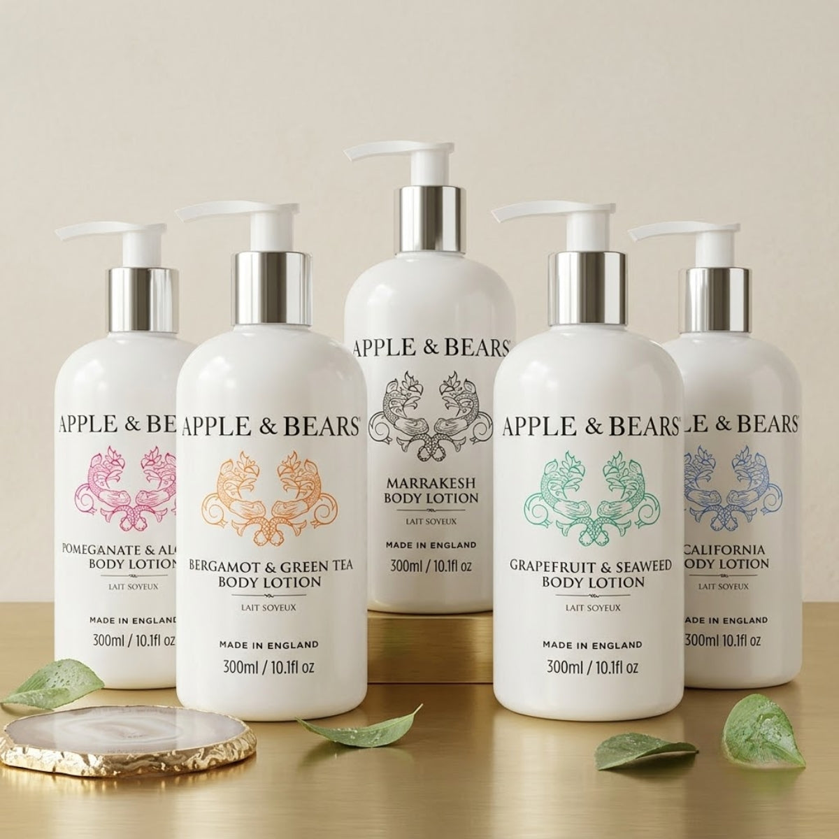 APPLE &amp; BEARS luxury body lotion collection — Pomegranate &amp; Aloe Vera, Bergamot &amp; Green Tea, Marrakesh, Grapefruit &amp; Seaweed and California, 300ml, Made in England