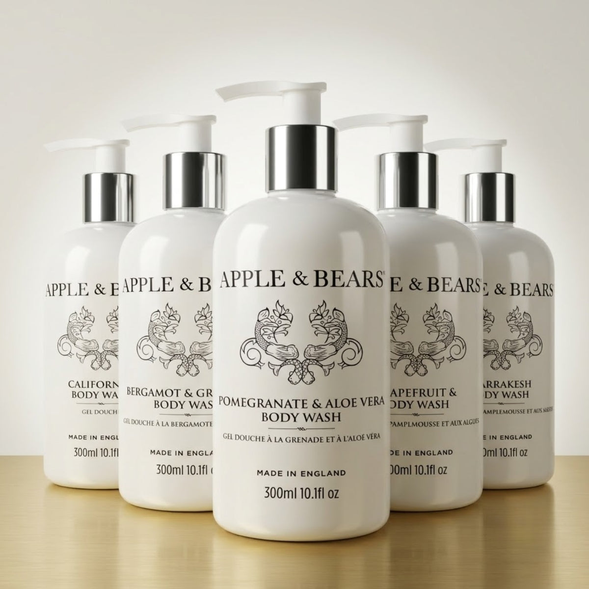 APPLE &amp; BEARS luxury body wash collection — California, Bergamot &amp; Green Tea, Pomegranate &amp; Aloe Vera, Grapefruit &amp; Seaweed and Marrakesh, 300ml, Made in England