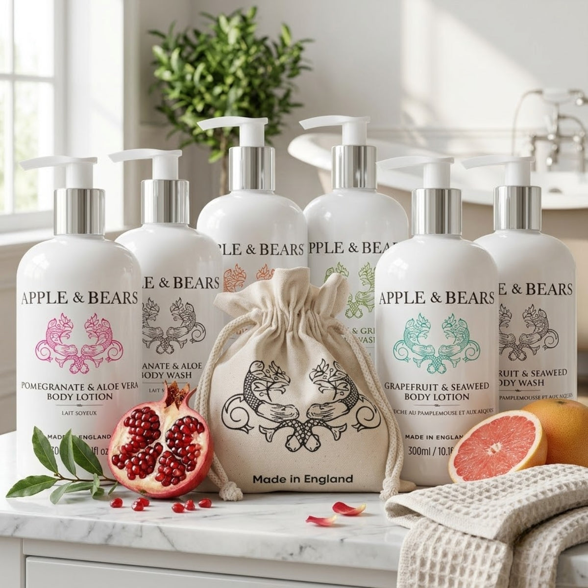 APPLE &amp; BEARS luxury body care gift sets — Pomegranate &amp; Aloe Vera and Grapefruit &amp; Seaweed Body Wash and Body Lotion, 300ml, presented in eco cotton reusable drawstring bag, Made in England