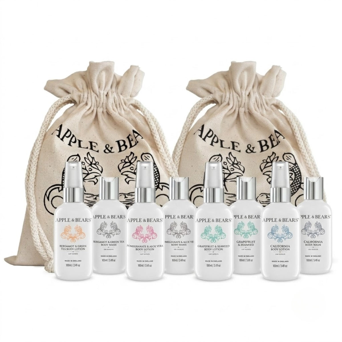 APPLE &amp; BEARS luxury travel sets — 100ml Body Wash and Body Lotion in Bergamot &amp; Green Tea, Pomegranate &amp; Aloe Vera, Grapefruit &amp; Seaweed and California, presented in eco cotton reusable drawstring bags, Made in England