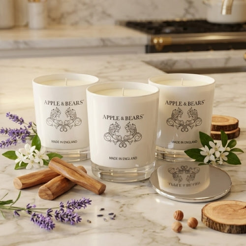 Apple &amp; Bears luxury soy wax candles - Lavender, Jasmine and Sandalwood &amp; Pepper, hand-poured in England