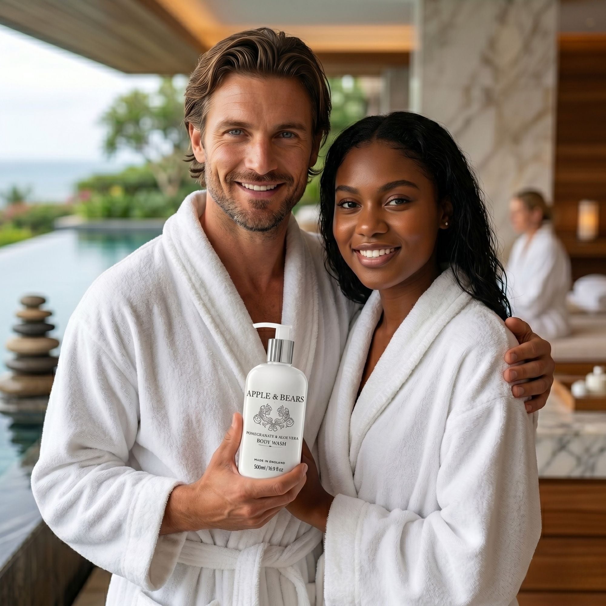 Couple using Apple &amp; Bears Pomegranate &amp; Aloe Vera Body Wash 500ml — luxury natural skincare, Made in England

