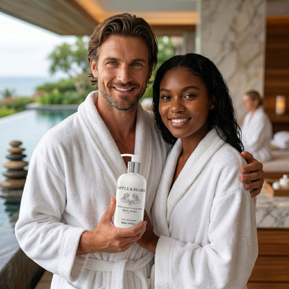 Couple using Apple &amp; Bears Pomegranate &amp; Aloe Vera Body Wash 500ml — luxury natural skincare, Made in England
