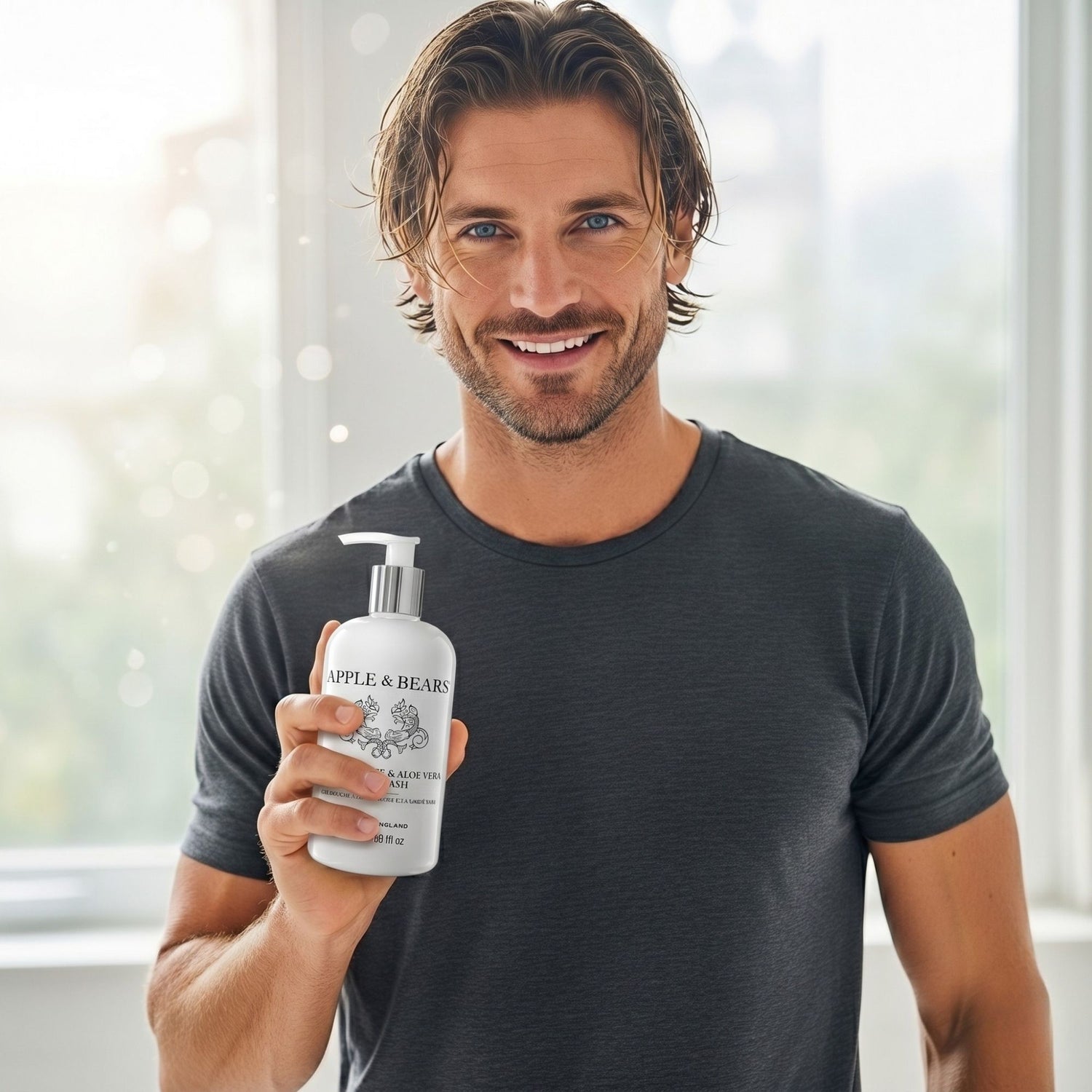 Man holding Apple &amp; Bears Pomegranate &amp; Aloe Vera Body Wash 500ml — natural body wash, unisex, Made in England

