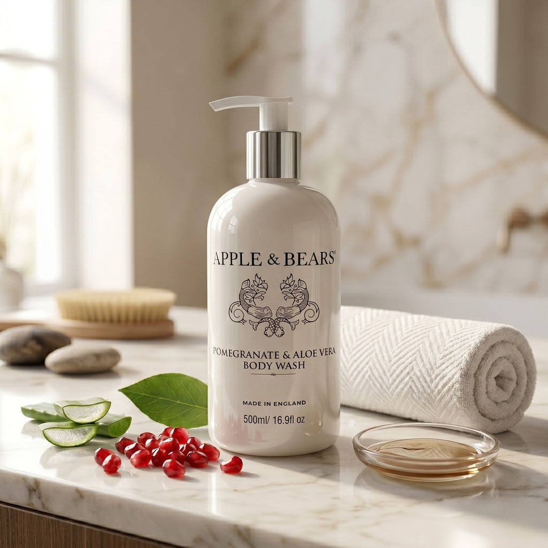 Apple &amp; Bears Pomegranate &amp; Aloe Vera Body Wash 500ml — spa lifestyle, natural skincare Made in England
