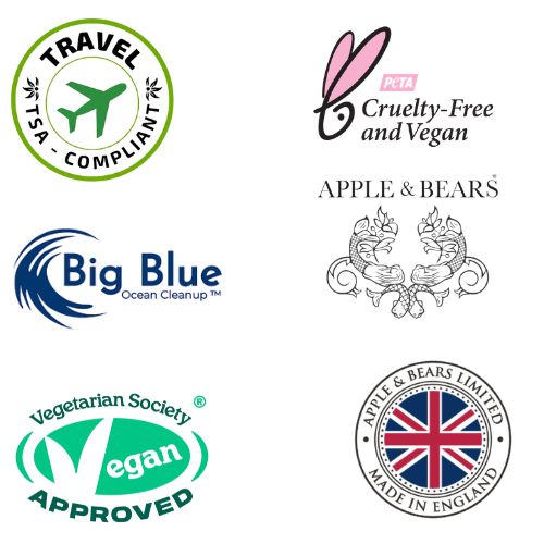 Apple &amp; Bears California Travel Set certifications - TSA Compliant, PETA Cruelty-Free and Vegan, Vegetarian Society Vegan Approved, Big Blue Ocean Cleanup, Made in England