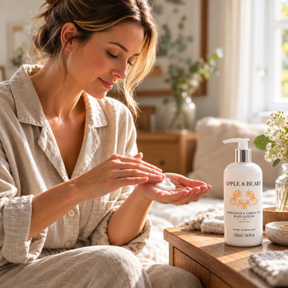 Woman applying APPLE &amp; BEARS Bergamot &amp; Green Tea Body Lotion 300ml to her hands during a morning skincare routine, with the bottle on a bedside table.