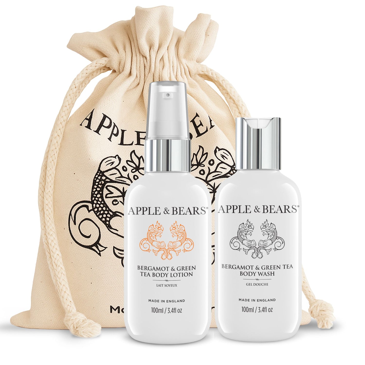 Apple &amp; Bears Bergamot &amp; Green Tea Body Wash and Body Lotion travel gift set, 100ml/3.4 fl oz, presented in an eco cotton biodegradable drawstring bag, Made in England.
