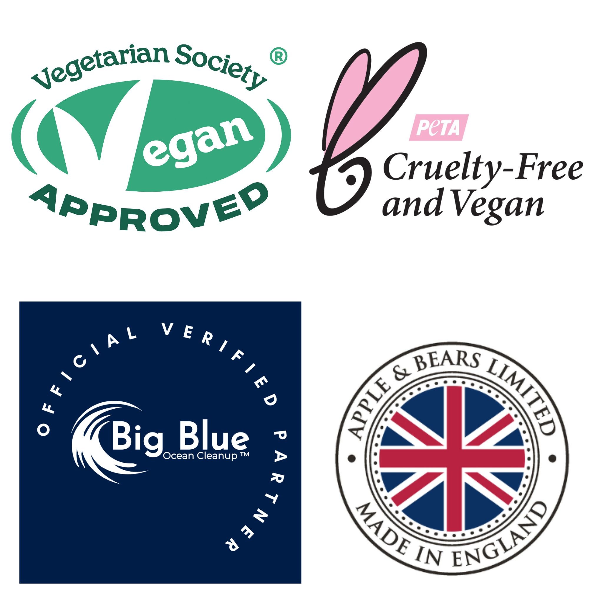 California Luxury Skincare Certifications: Vegan Approved, PETA Cruelty-Free, Big Blue Ocean Cleanup Partner, and Official Made in England Seal.
