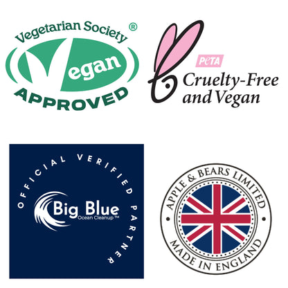 California Luxury Skincare Certifications: Vegan Approved, PETA Cruelty-Free, Big Blue Ocean Cleanup Partner, and Official Made in England Seal.