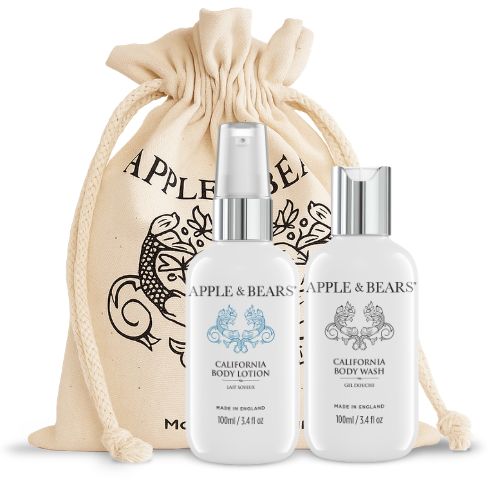 Apple &amp; Bears California Citrus Travel Set - 100ml body wash and lotion with eco cotton branded drawstring bag, Made in England