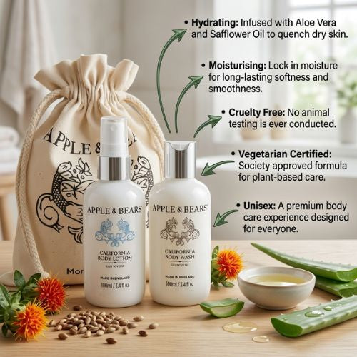 Apple &amp; Bears California Travel Set key benefits - hydrating, moisturising, cruelty-free, vegetarian society vegan approved, unisex natural body care