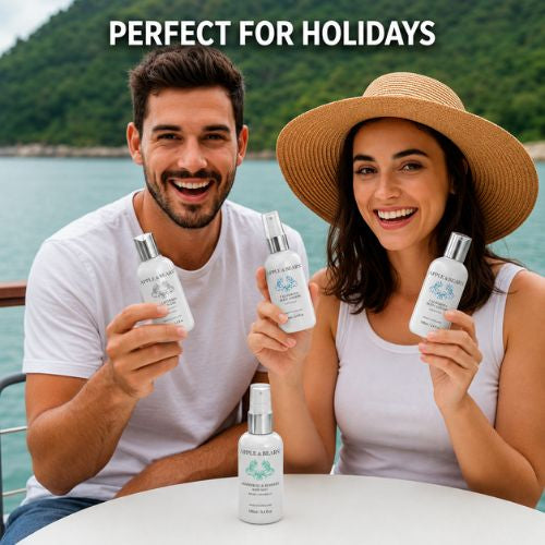Couple on holiday boat holding Apple &amp; Bears California Body Wash and Lotion 100ml - perfect for holidays, unisex natural citrus travel skincare