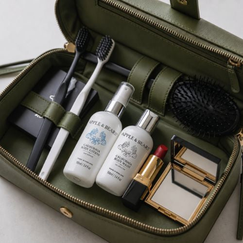 Apple &amp; Bears California Body Wash and Lotion 100ml in olive green luxury wash bag with toothbrushes, lipstick and compact mirror - natural travel skincare for her