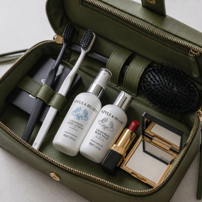 Apple &amp; Bears California Body Wash and Lotion 100ml in olive green luxury wash bag with toothbrushes, lipstick and compact mirror - natural travel skincare for her