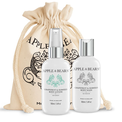 Apple &amp; Bears Grapefruit and Seaweed Travel Set in eco cotton drawstring bag, Made in England