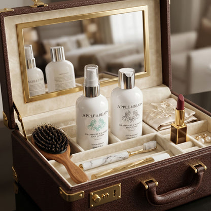 Apple &amp; Bears Grapefruit and Seaweed Body Lotion and Body Wash 100ml styled in an open luxury leather vanity case with mirror, hairbrush and lipstick