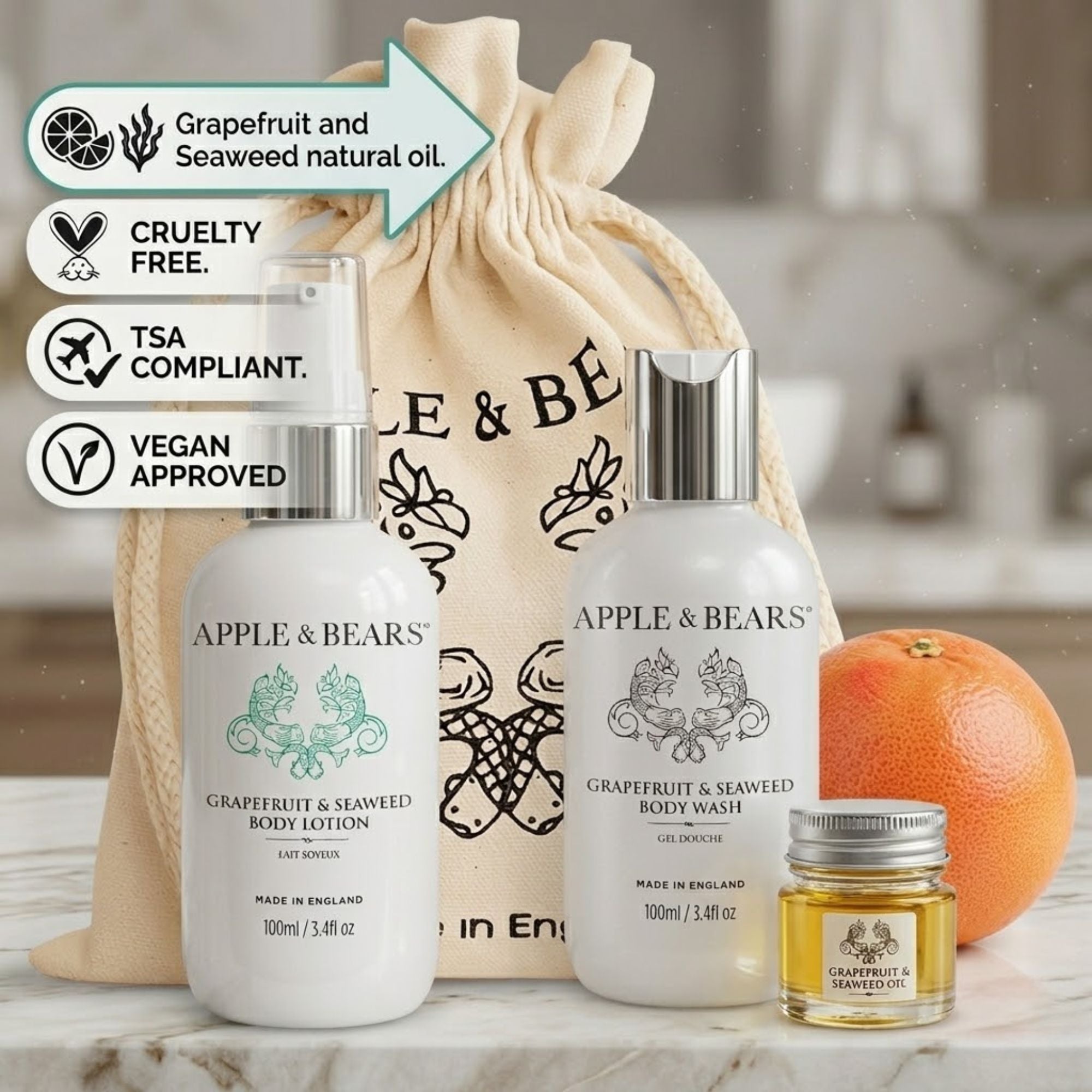 Apple &amp; Bears Grapefruit and Seaweed Travel Set - Cruelty Free, TSA Compliant and Vegan Approved - 100ml Body Lotion, Body Wash and Grapefruit Seaweed Oil in eco cotton drawstring bag